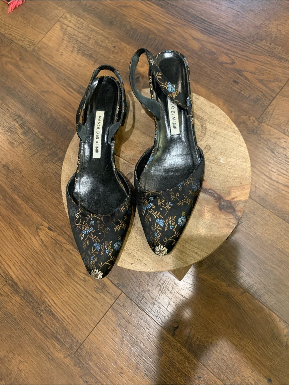Manolo Blahnik Black Floral Pointed-Toe Slingbacks with Blue and Gold Accents